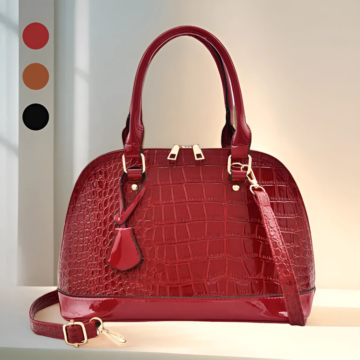 Glossy PU leather crossbody shoulder bag in shell shape with structured design