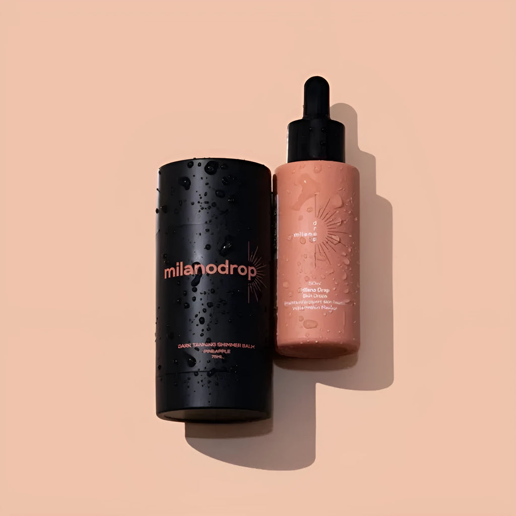 Matte black sun tanning liquid drops bottle and tanning flash cream tube set for a gradual tan.