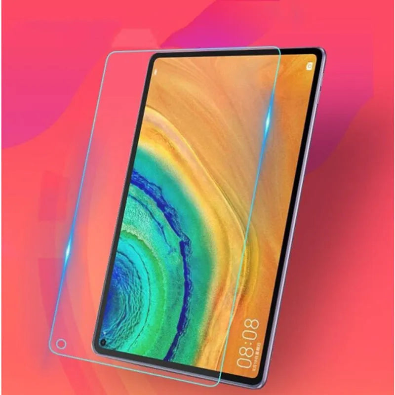 Clear tempered glass screen protector for Huawei MatePad Pro tablet on a flat surface.