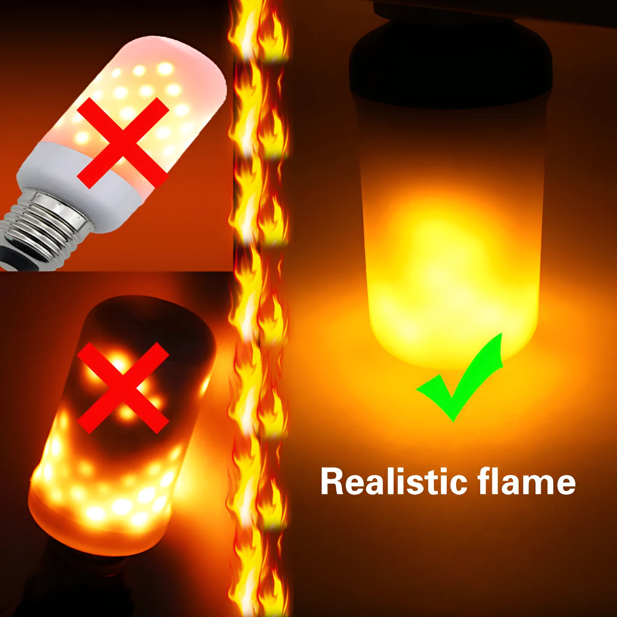 Atmosphere decorative flame effect LED bulb showing orange flickering light against a dark background.