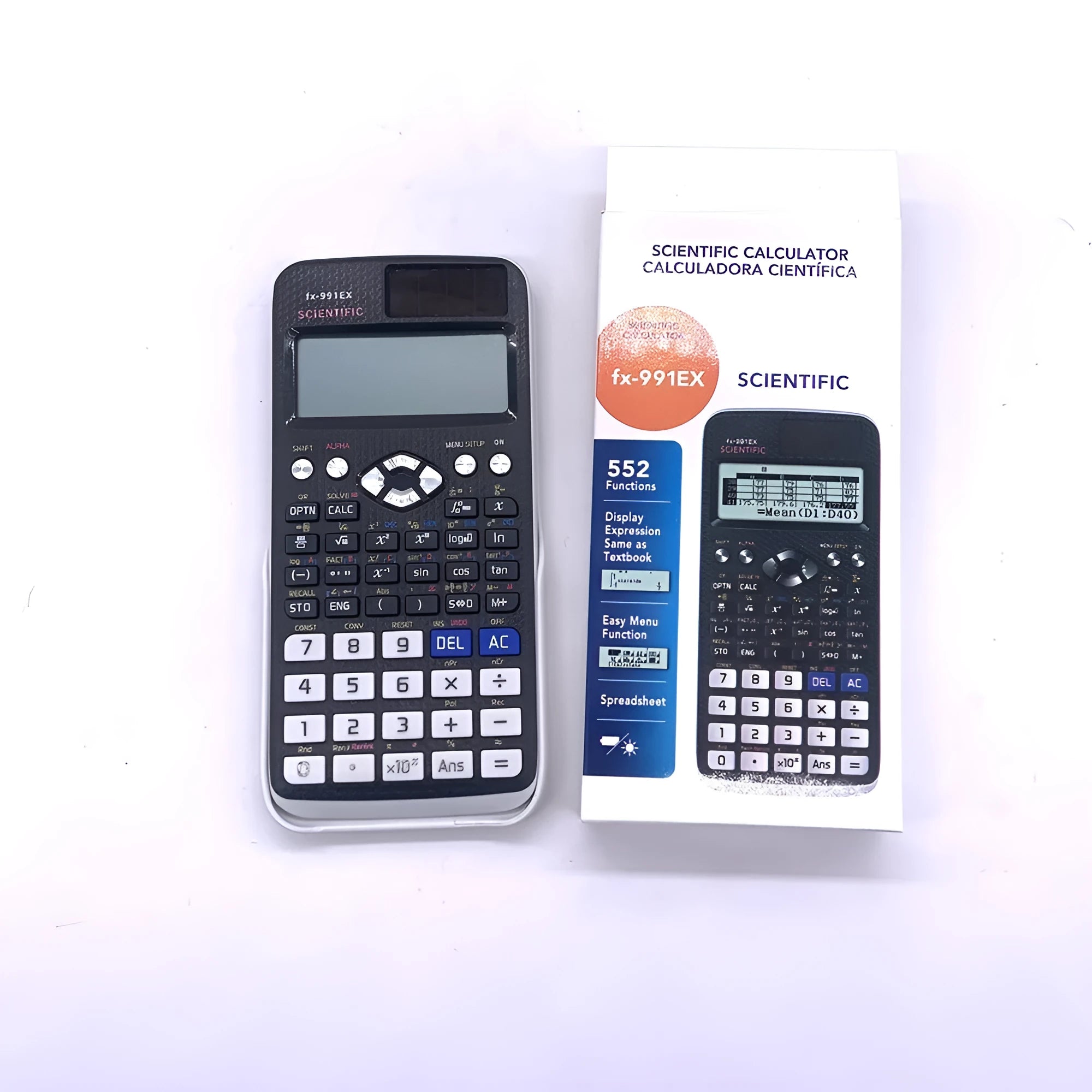 991EX scientific calculator in black, blue or pink with solar panel and ABS plastic construction