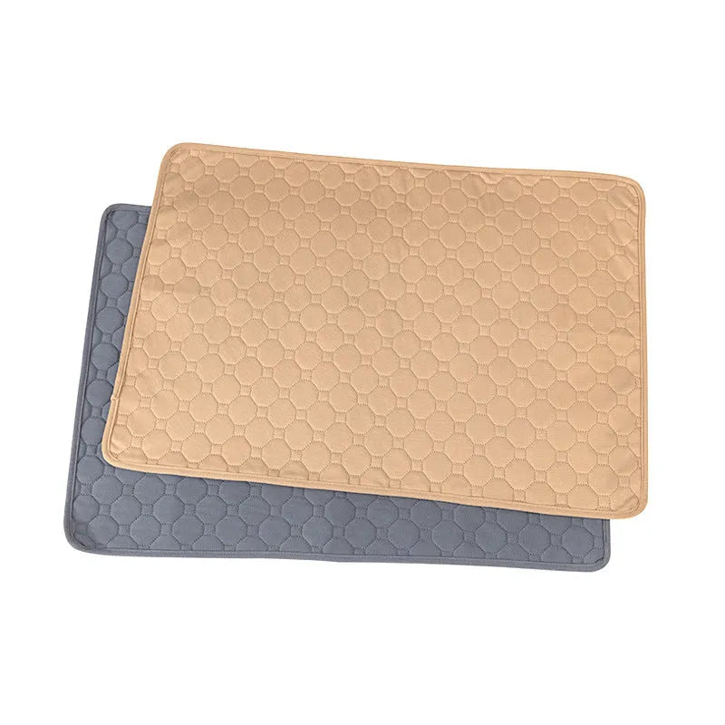 Two neutral coloured washable dog pee pads showing grey and tan options in different sizes