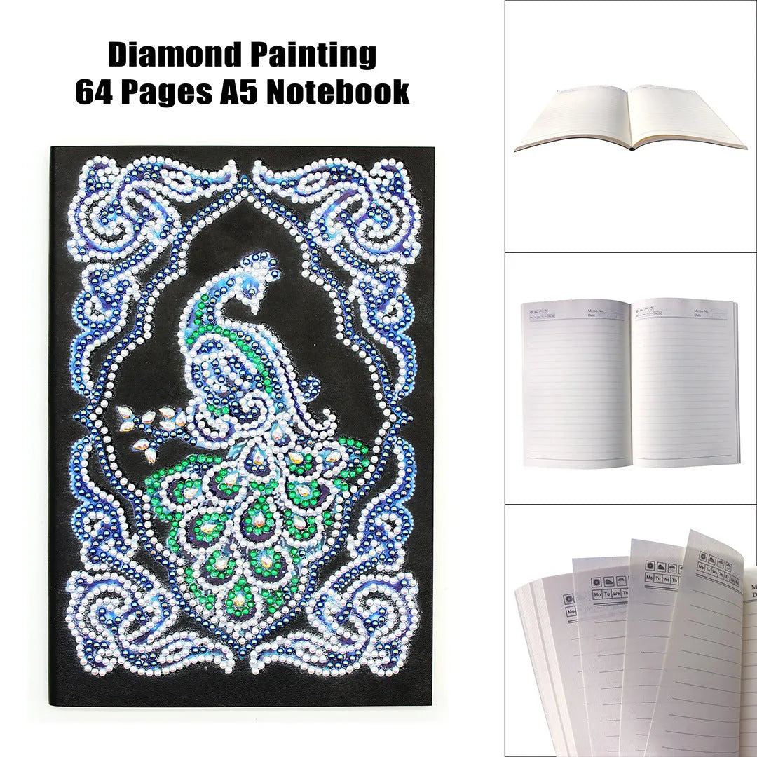 Black A5 diamond painting notebook with shaped and bright rhinestone designs on the cover.
