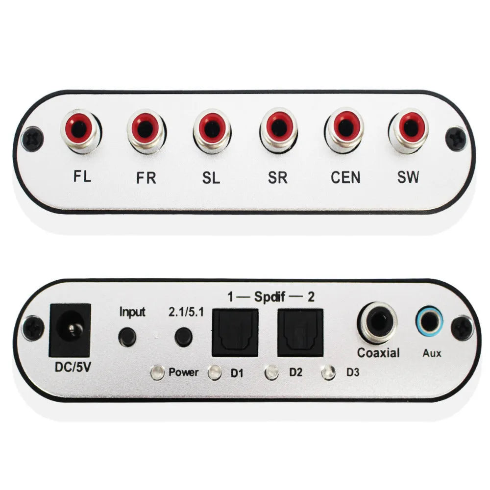 Black DTS Dolby Digital audio decoder with optical and coaxial inputs on a desk