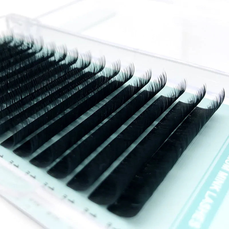 Soft velvet false eyelashes showing range of lengths from 7mm to 15mm and different curl specifications.