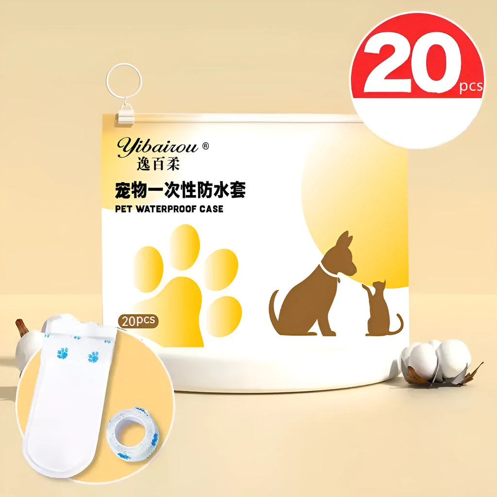 A pack of 20 white disposable waterproof dog booties made from non-woven fabric, shown in S and M sizes.