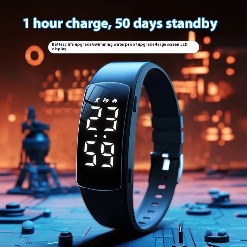 Smart vibration alarm clock watch with coloured silicone strap and LED display on a wrist.