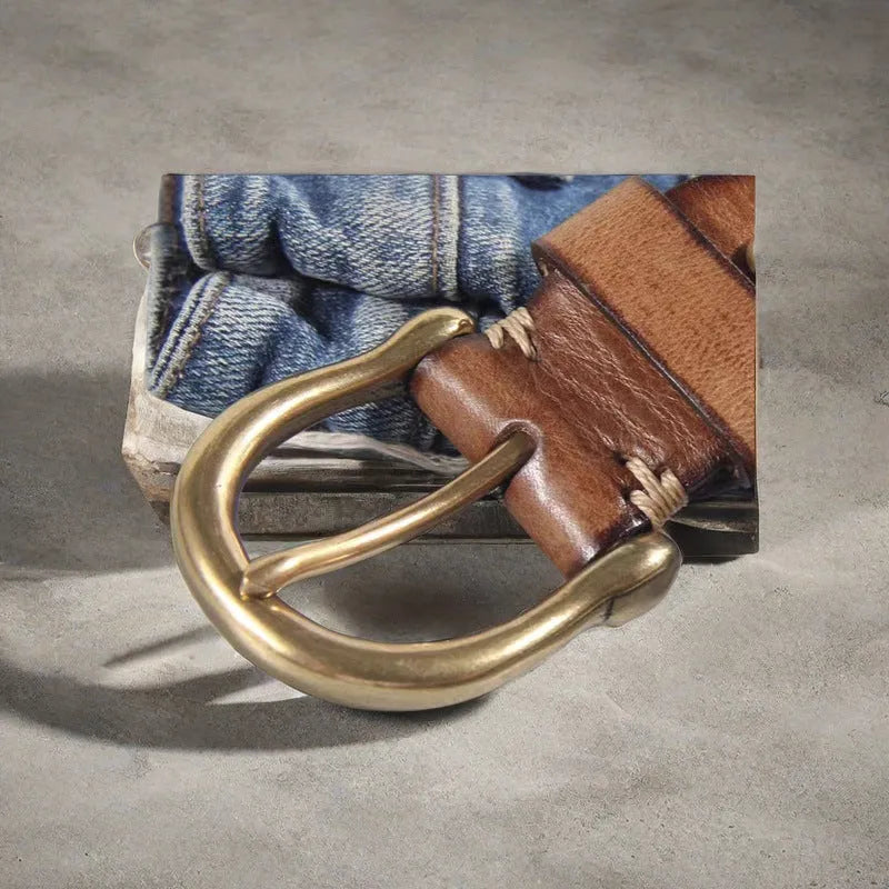 First layer cattlehide men's casual belt with copper pin buckle in ordinary width