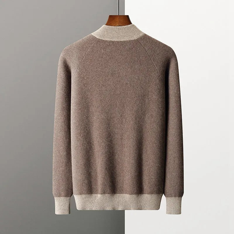 Men's camel coloured cashmere wool blend half turtleneck zipper cardigan and matching trousers winter sports suit