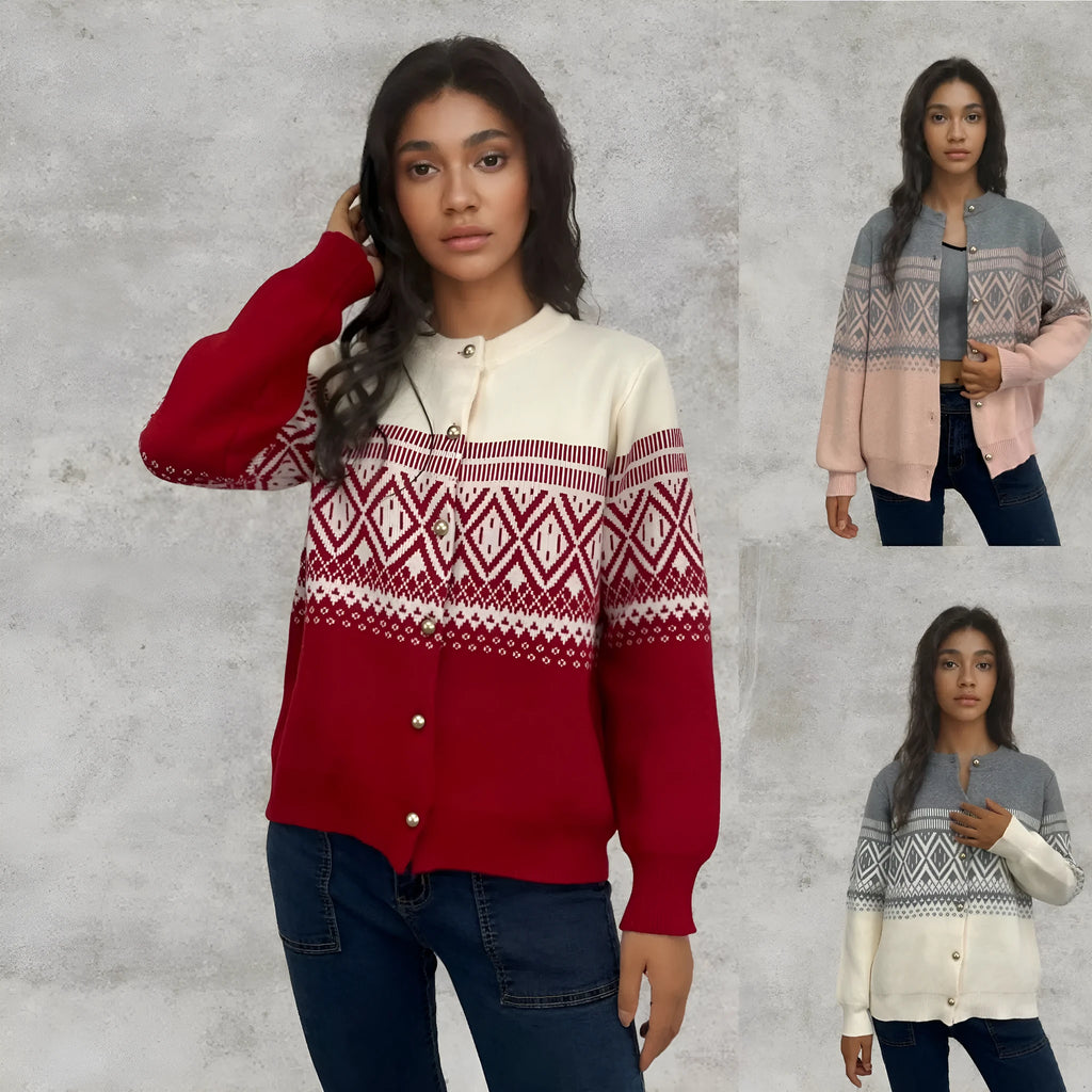 Women's grey alpaca wool cardigan with long sleeves and a diamond knit pattern in contrasting colours.