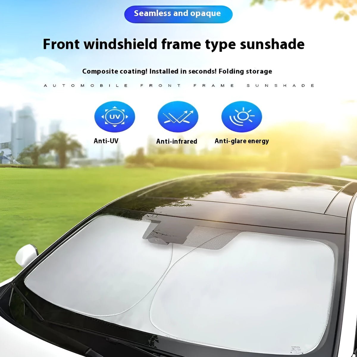 Aluminium foil car sunshade with silver reflective surface for windscreen heat protection