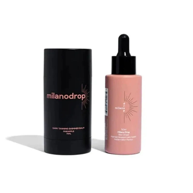 Matte black sun tanning liquid drops bottle and tanning flash cream tube set for a gradual tan.
