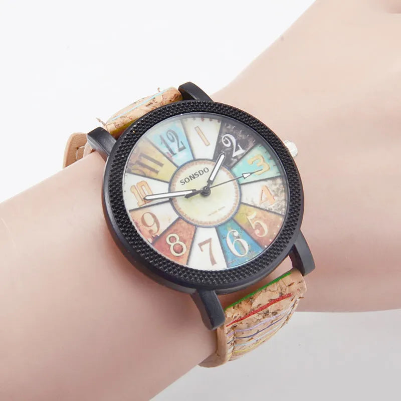 Women's vintage quartz wrist watch with brown leather strap and 37mm round dial