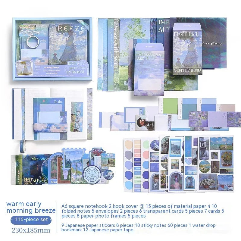 A6 grid creative journal gift box with notebook, bookclothes, decorative papers, cards, and photo frames.