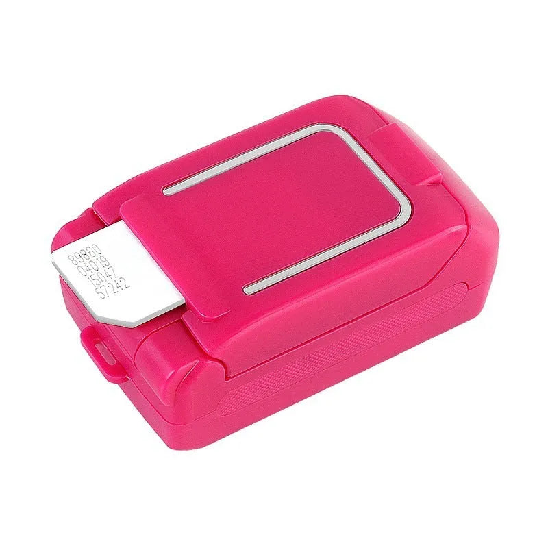 A closed mini flip phone in rose red, showing its compact clamshell design.