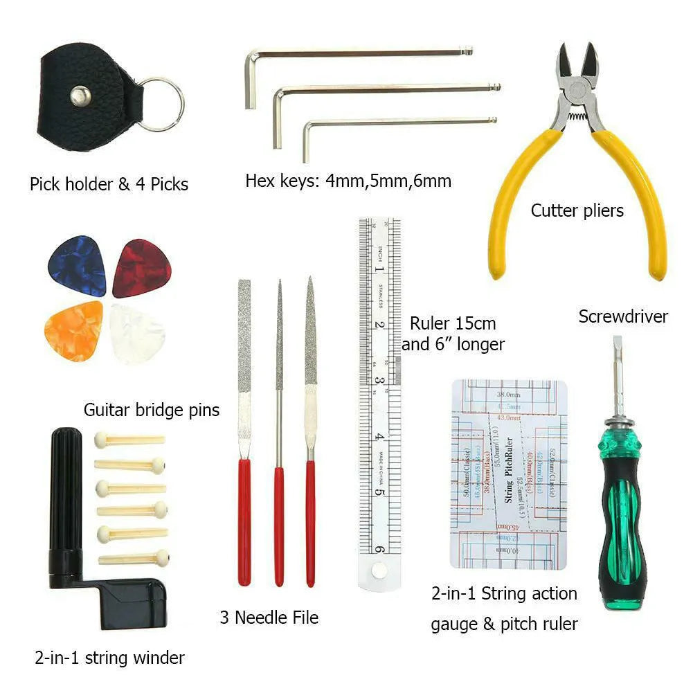 Black guitar repair and care tool kit with plastic and metal tools for instrument maintenance.