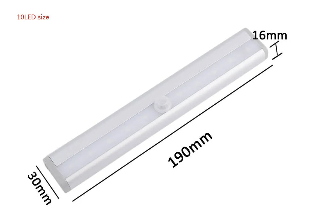 USB rechargeable LED motion sensor strip light with magnetic back, shown illuminating a wardrobe.