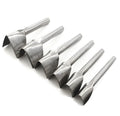 Six steel leathercraft punch tools with half-round and V-shaped heads, sizes 15mm to 40mm.