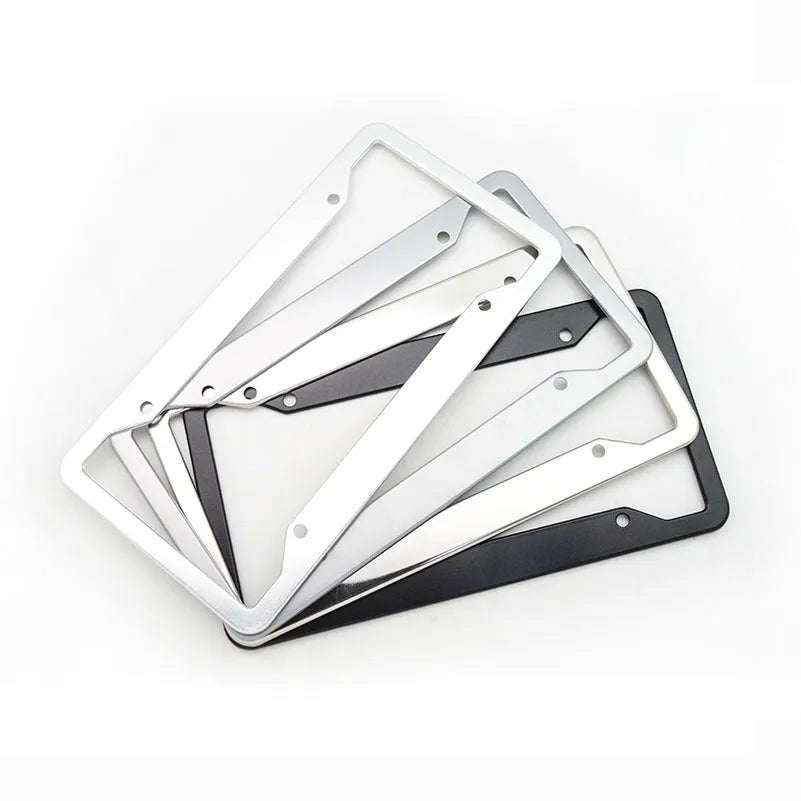 Aluminium alloy license plate frame in choice of four finishes next to a car registration plate.
