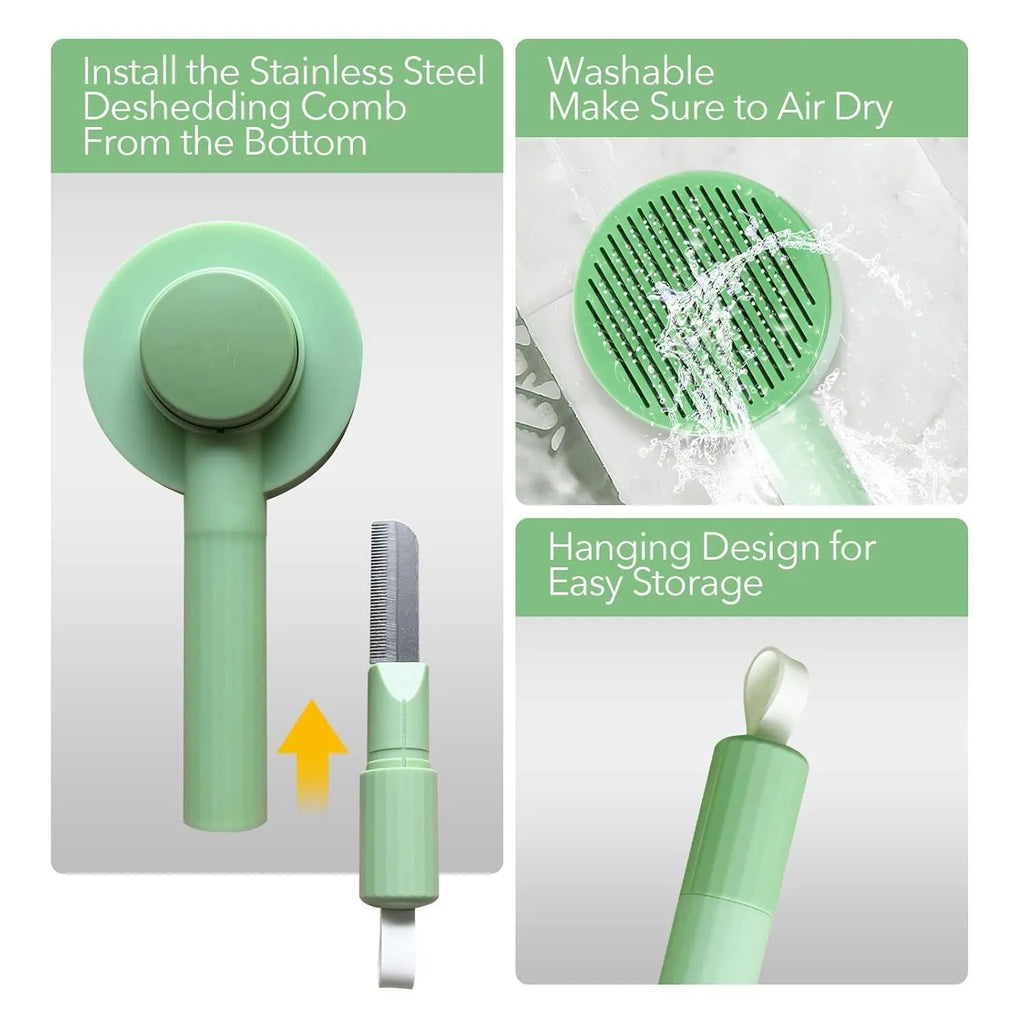 Green and yellow pet grooming brush with stainless steel deshedding teeth and hanging loop