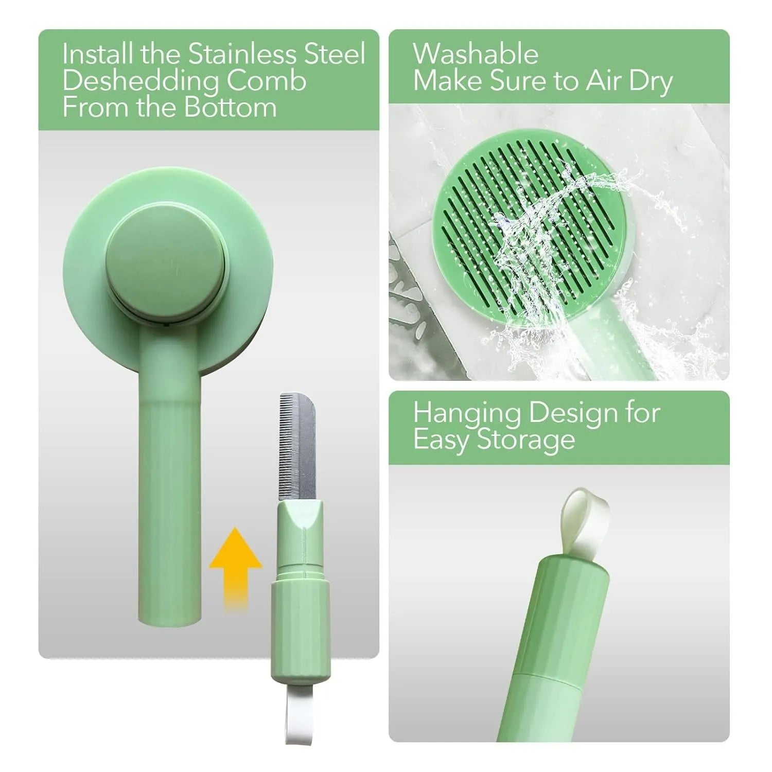 Green and yellow pet grooming brush with stainless steel deshedding teeth and hanging loop