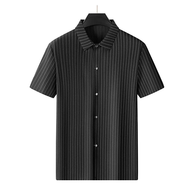 Man wearing a black plus-size striped square collar casual shirt with short sleeves.