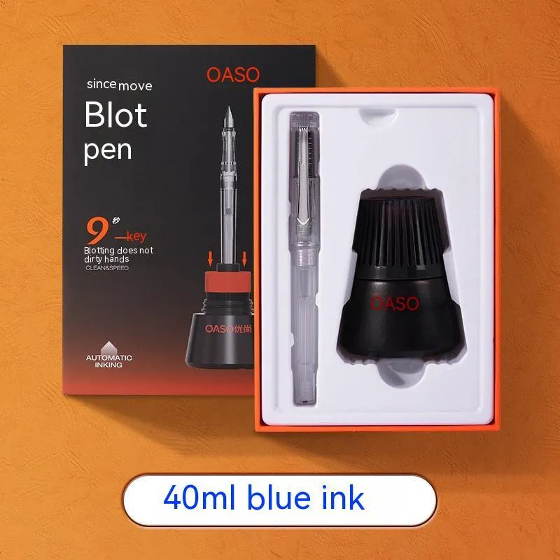 Automatic suction fountain pen set with 0.38mm or 0.5mm nib choice, 40ml ink bottle, and protective handbag