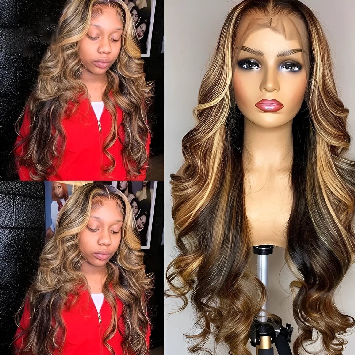 Front lace wig with 134 gradient colour long curly synthetic fibres in black or piano colour options