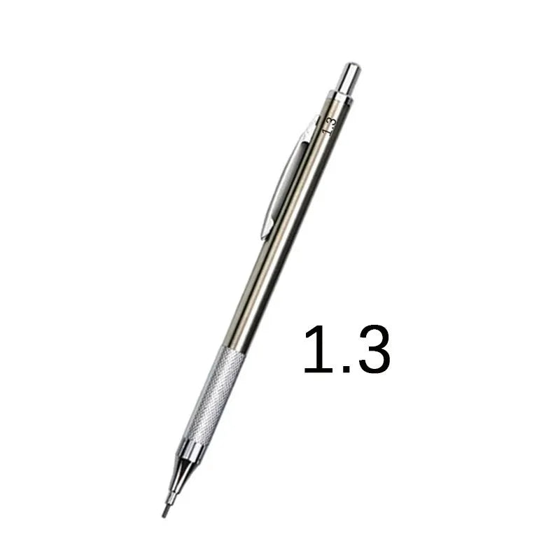 Metal automatic mechanical pencil shown with various lead size options including 0.5mm, 0.7mm, and 2.0mm.