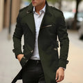 Man wearing a mid-length camel-coloured lapel jacket, showcasing side seam pockets.