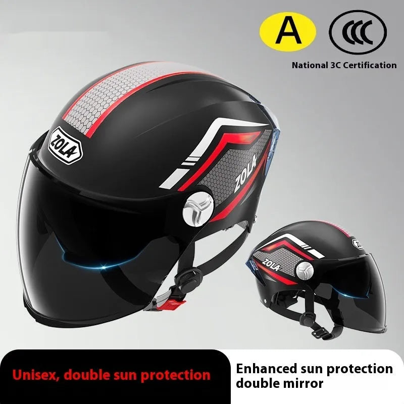 Children's 3C battery motorcycle half helmet with double mirror visor in light brown colour