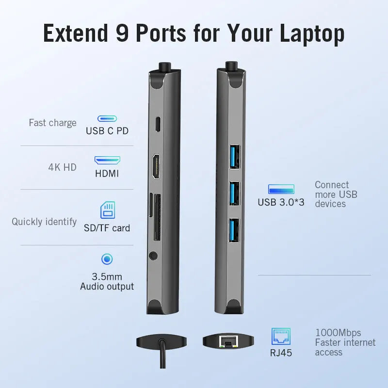 Deep grey USB-C to HDMI, USB 3.0, Ethernet, and card reader hub adapter on a desk