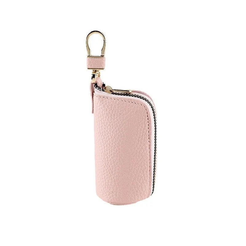 Black PU zip key case for men and women, shown closed with a key ring attached.