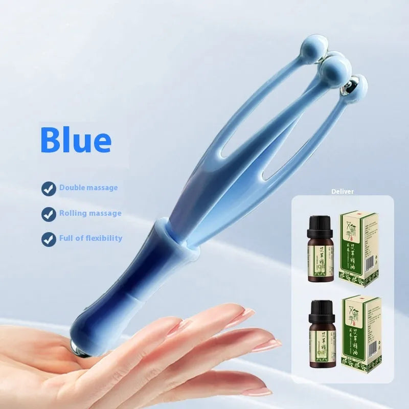 Blue and white steel ball finger massager hand joint roller on a neutral background.
