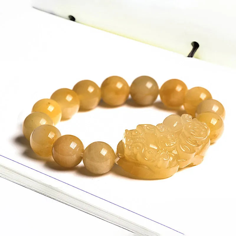 Carved jinsi jade money bracelet in golden thread colour with detailed bead sizing