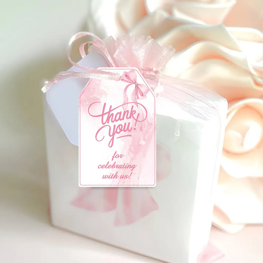 Birthday party gift tags with bowknot designs and hemp rope ties in three style variations