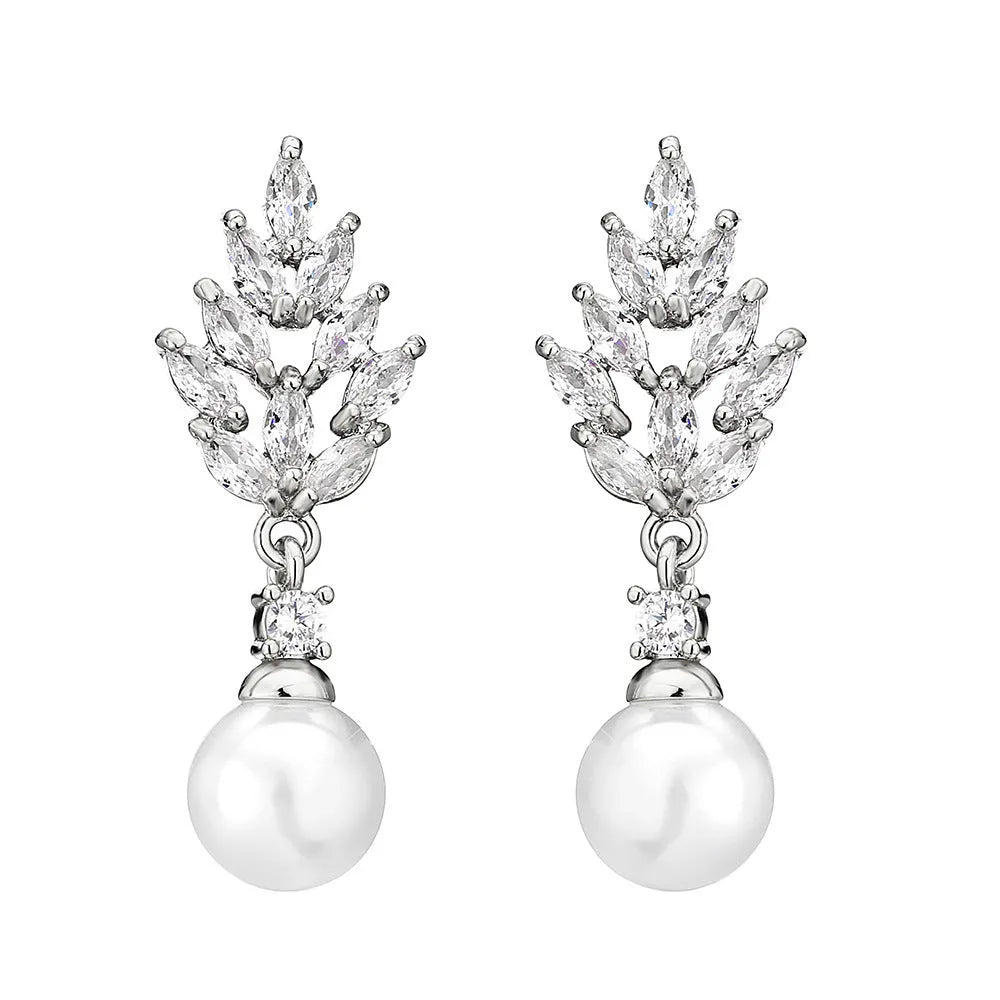 Geometric drop earrings with pearl and micro inlaid zircon, available in gold, platinum, and rose gold plating.