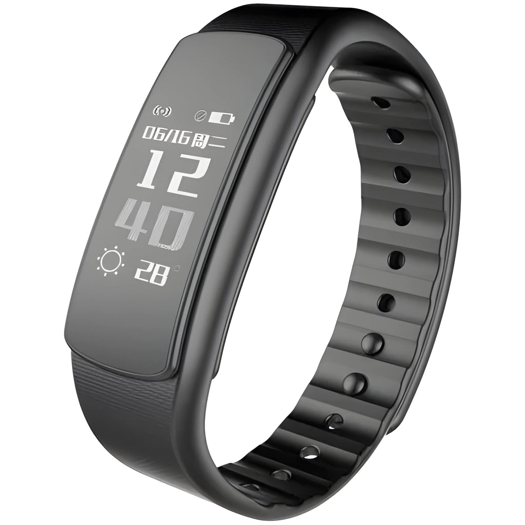 I6 smart sports bracelet in black or green on a wrist, showing its 0.96-inch screen and TPU band.