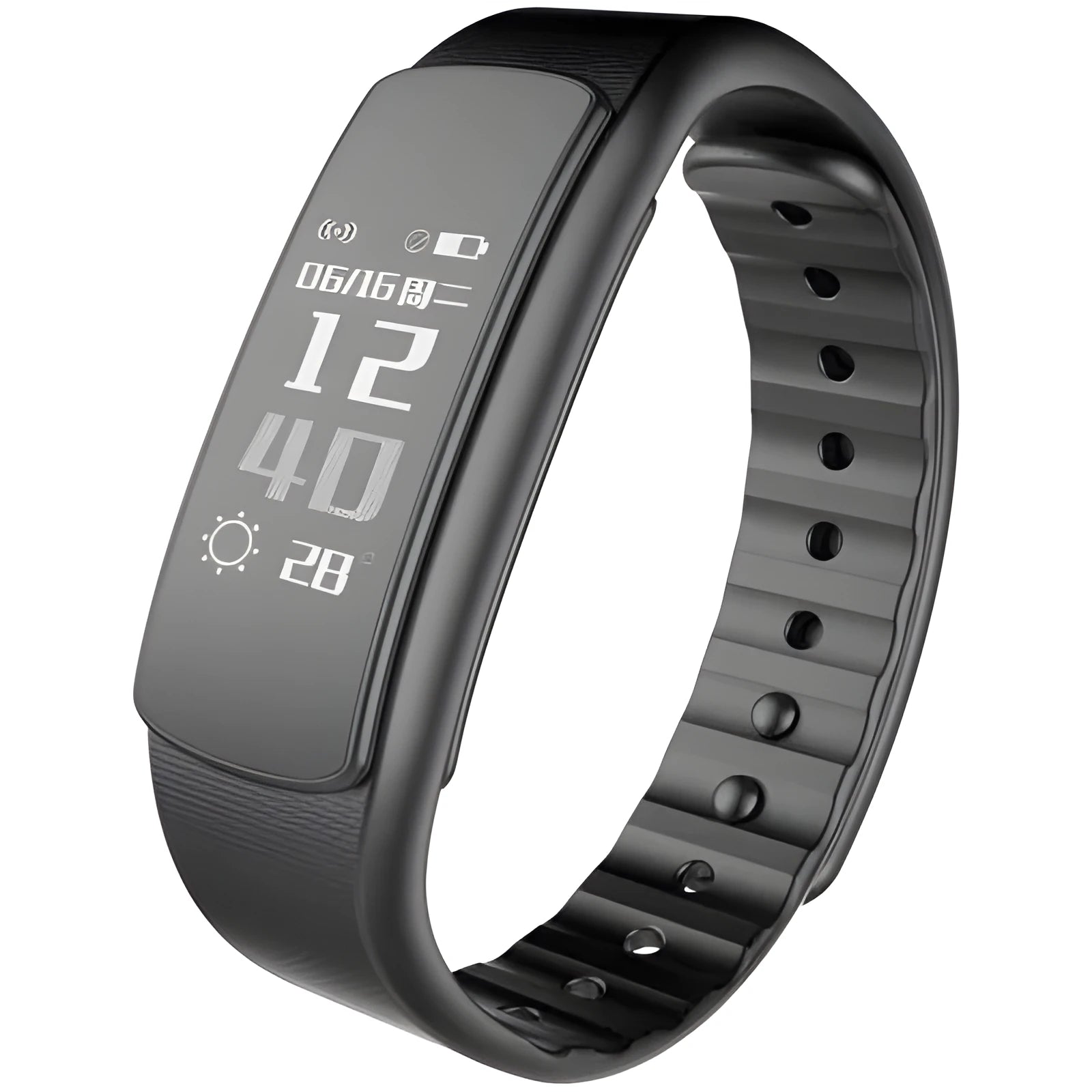 I6 smart sports bracelet in black or green on a wrist, showing its 0.96-inch screen and TPU band.