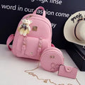 Women's floral print PU leather 3-piece bag set showing backpack, shoulder bag, and card wallet.