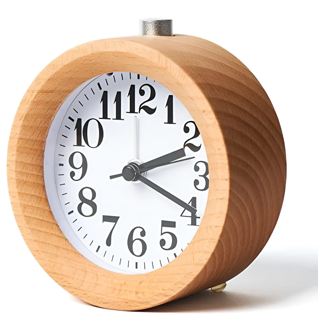 Solid beech wood bedside alarm clock with silent snooze function and 9.5cm diameter