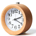 Solid beech wood bedside alarm clock with silent snooze function and 9.5cm diameter