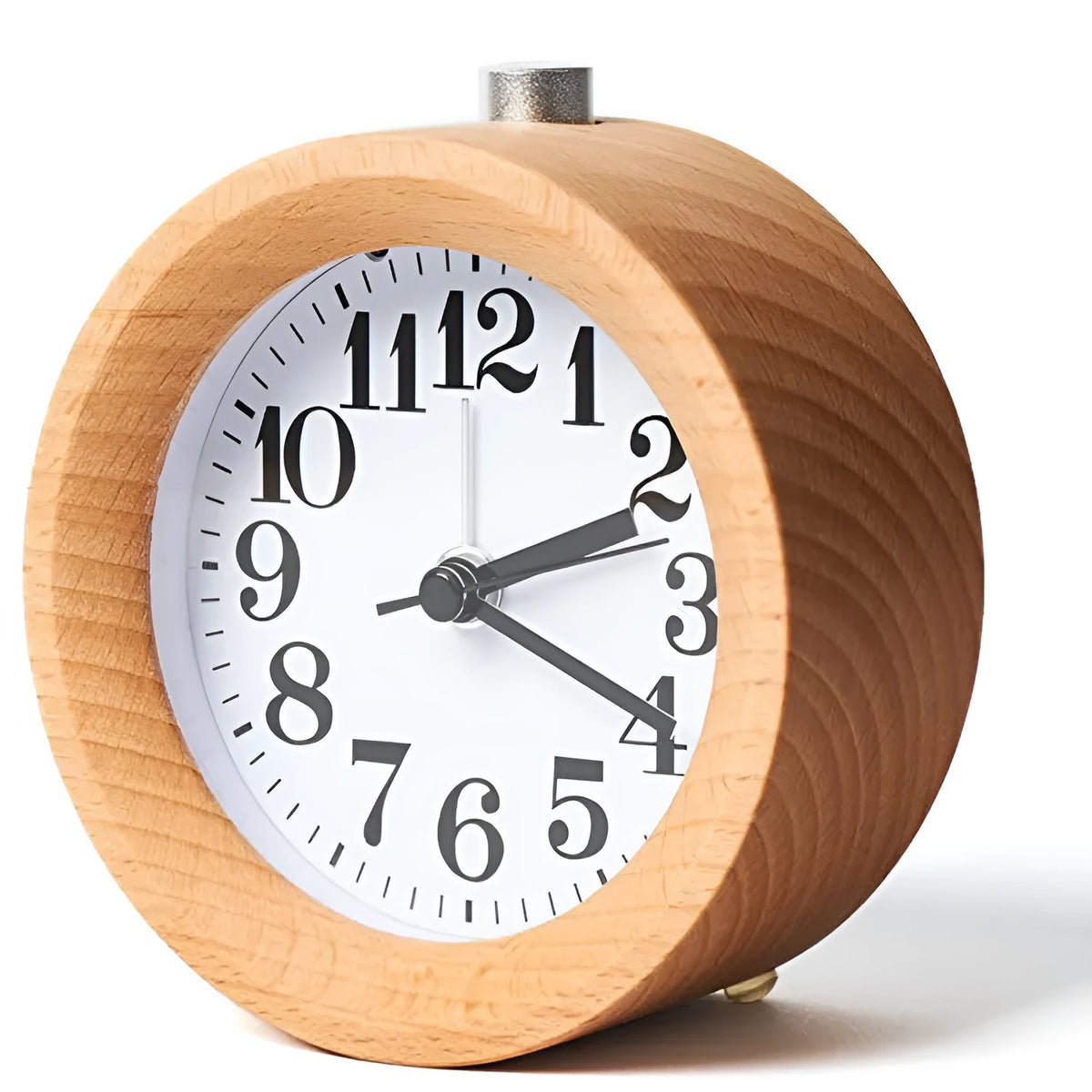 Solid beech wood bedside alarm clock with silent snooze function and 9.5cm diameter