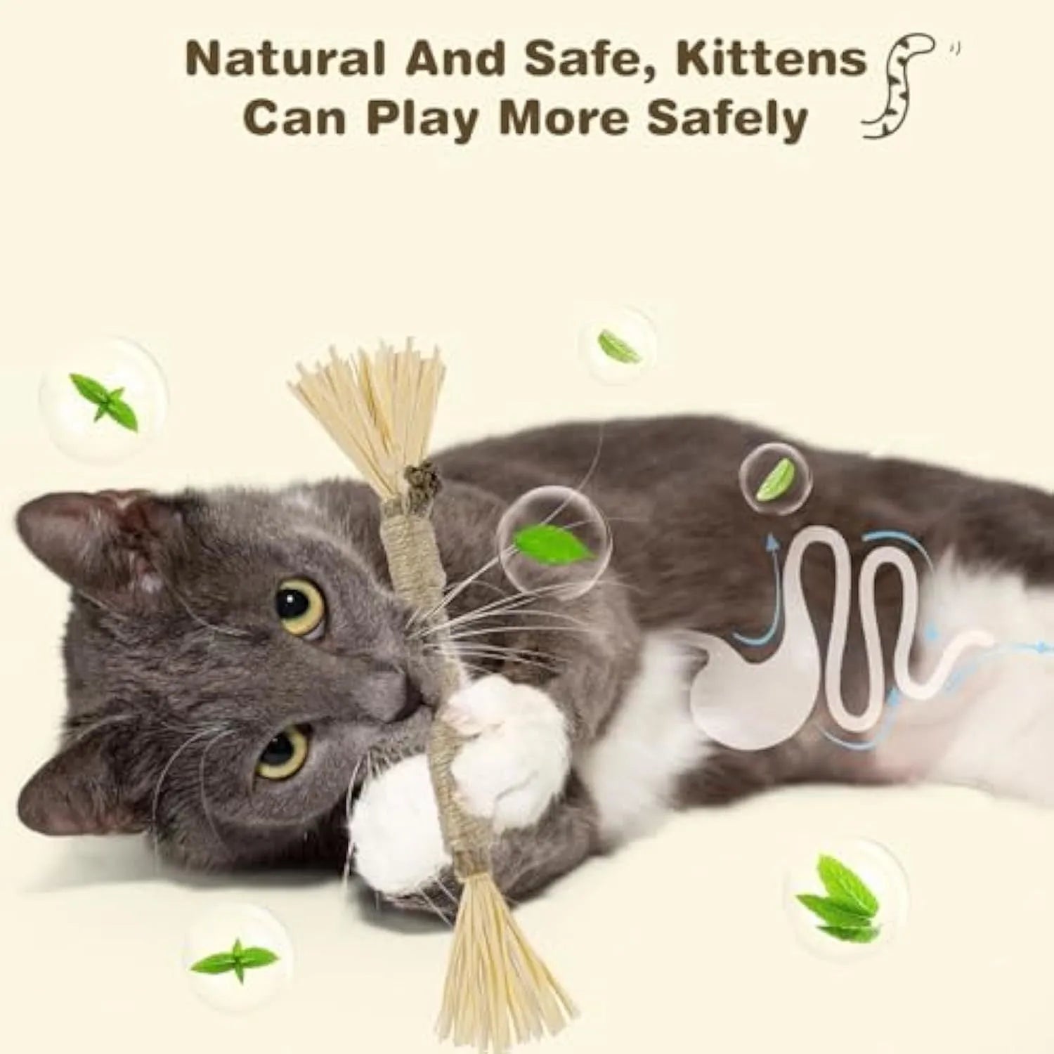Three natural silvervine chew sticks for cats with sisal rope and raffia dental care elements