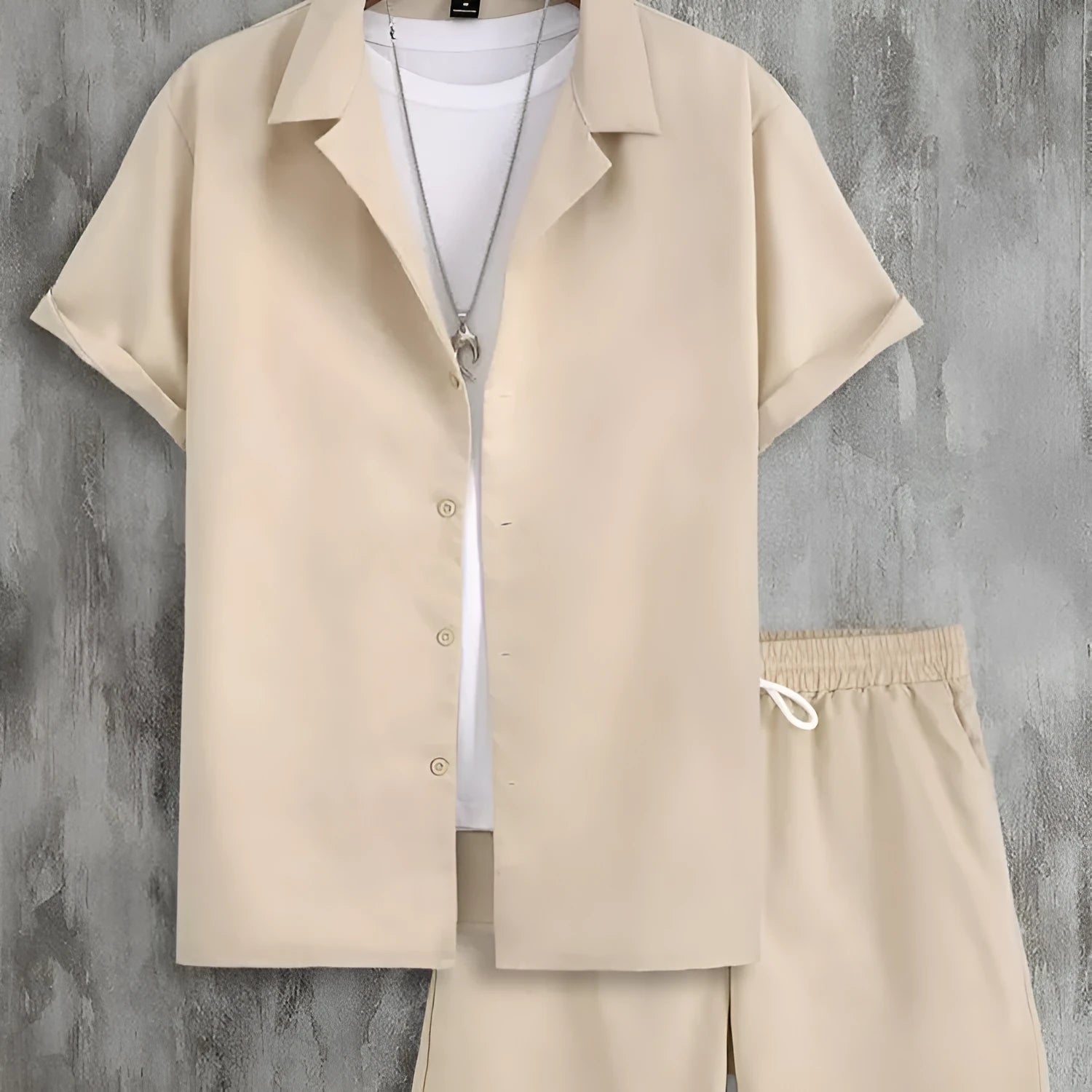 Men's light grey Cuban collar short sleeve shirt with matching shorts sport suit set