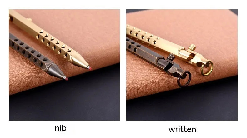 Brass hexagonal bolt roller pen showing six-angle construction with 0.5mm tip