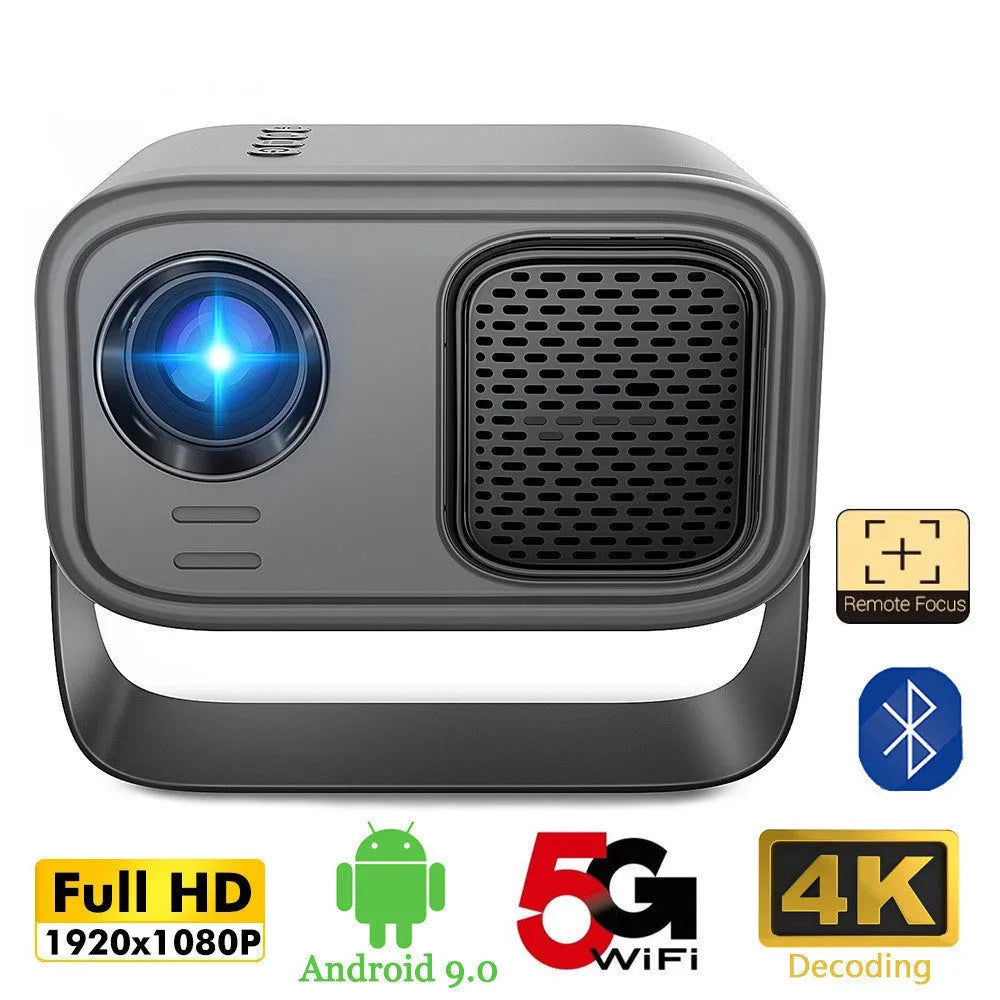 Black smart portable projector with HD 1280×720 resolution and included remote control