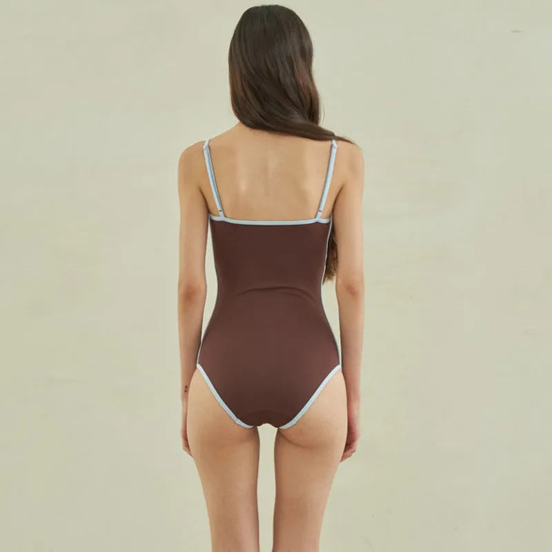 Brown triangle one-piece swimsuit for women with nylon fabric construction