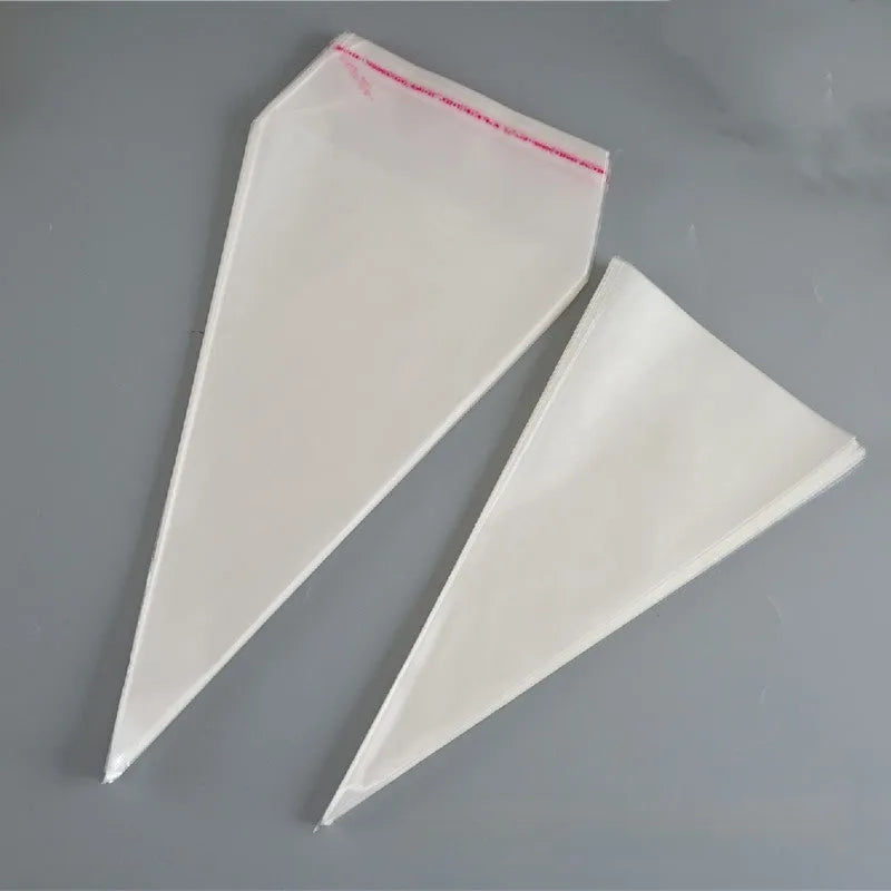 Triangle-shaped clear plastic packaging bag with a built-in metal tie wire for closure.