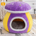 Mushroom-shaped cat bed with rabbit plush cover in grey pink purple colours